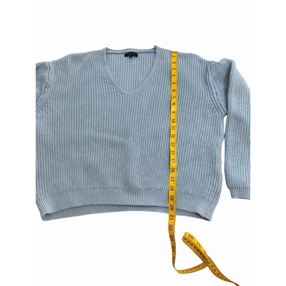 Quince Womens 100% Organic Cotton Fisherman V-Neck Sweater Sz L Sky Blue Classic - Picture 4 of 7